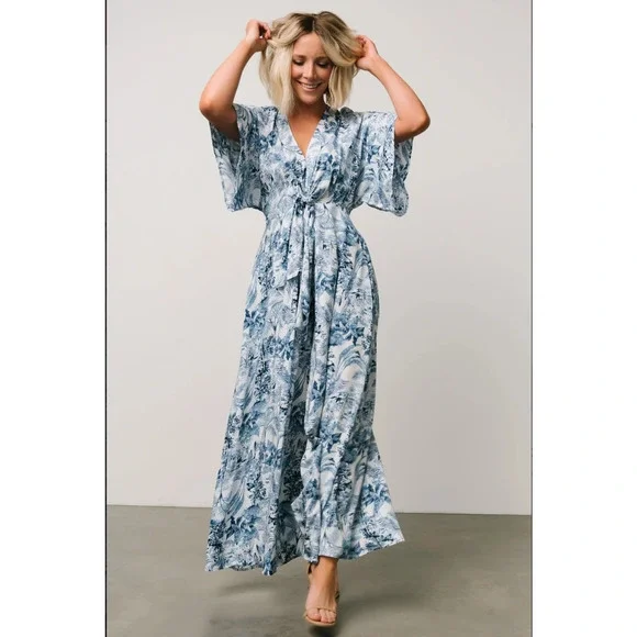 Baltic Born Byron Blue White Tropical Resort Wear Wide Leg Tie Front Jumpsuit XL - Picture 1 of 14